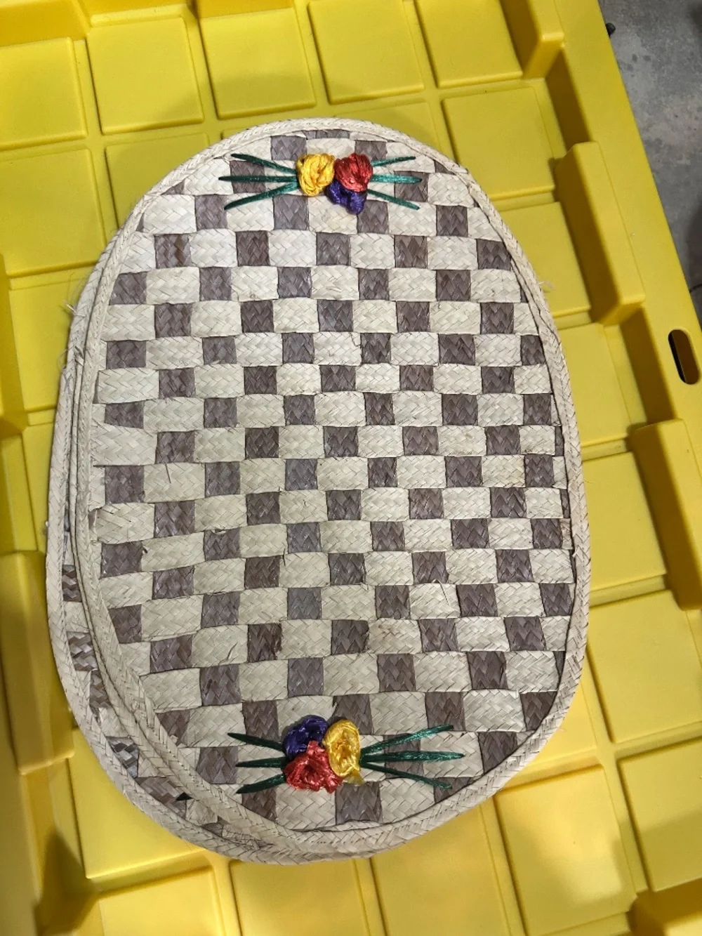 Vintage Woven Straw Raffia Oval Placemats Set of 4 Raffia Flower Checkered Boho
